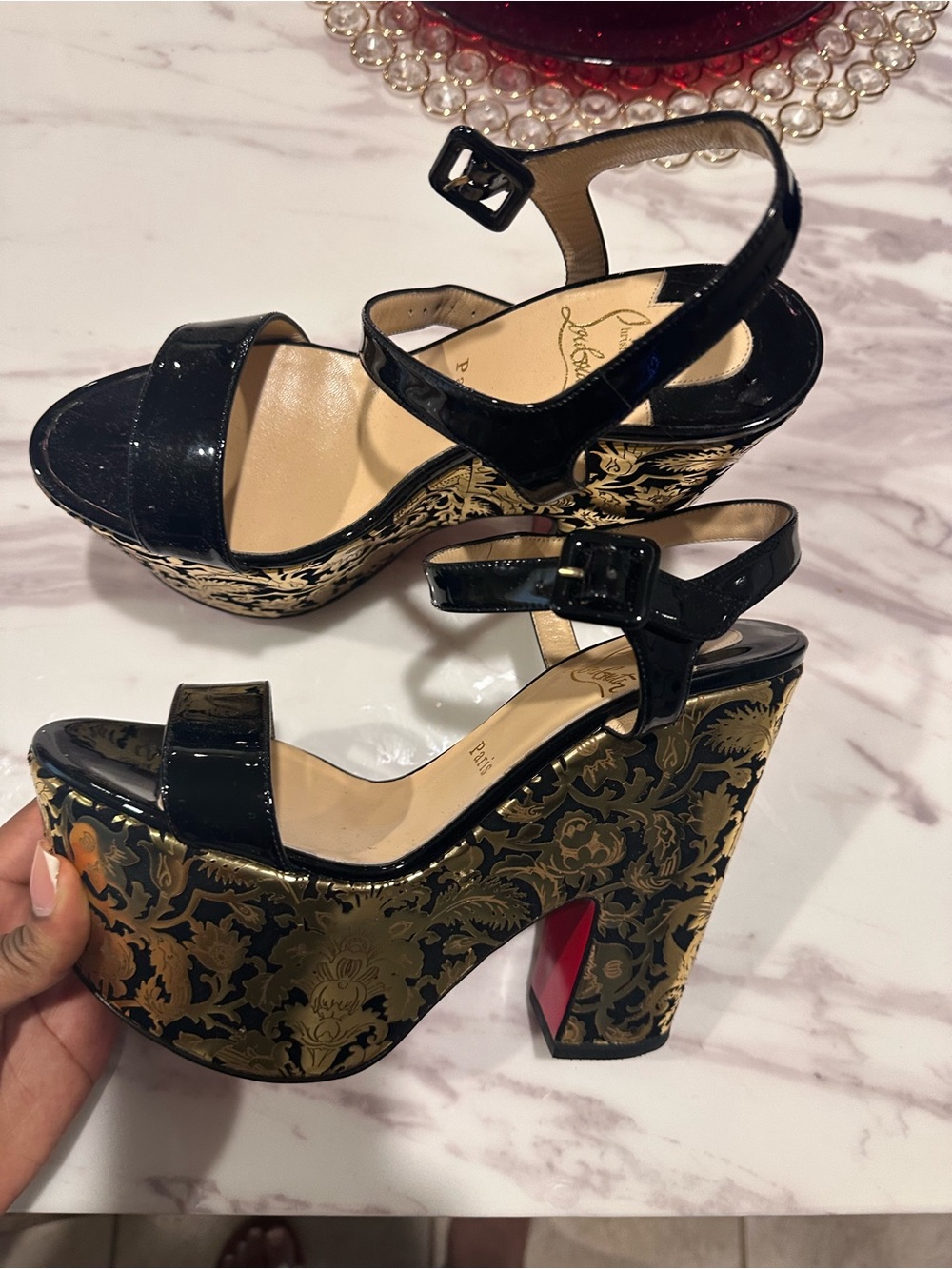 Christian Louboutin Black Patent Leather Platform Sandals with Gold Brocade - Picture 3 of 6